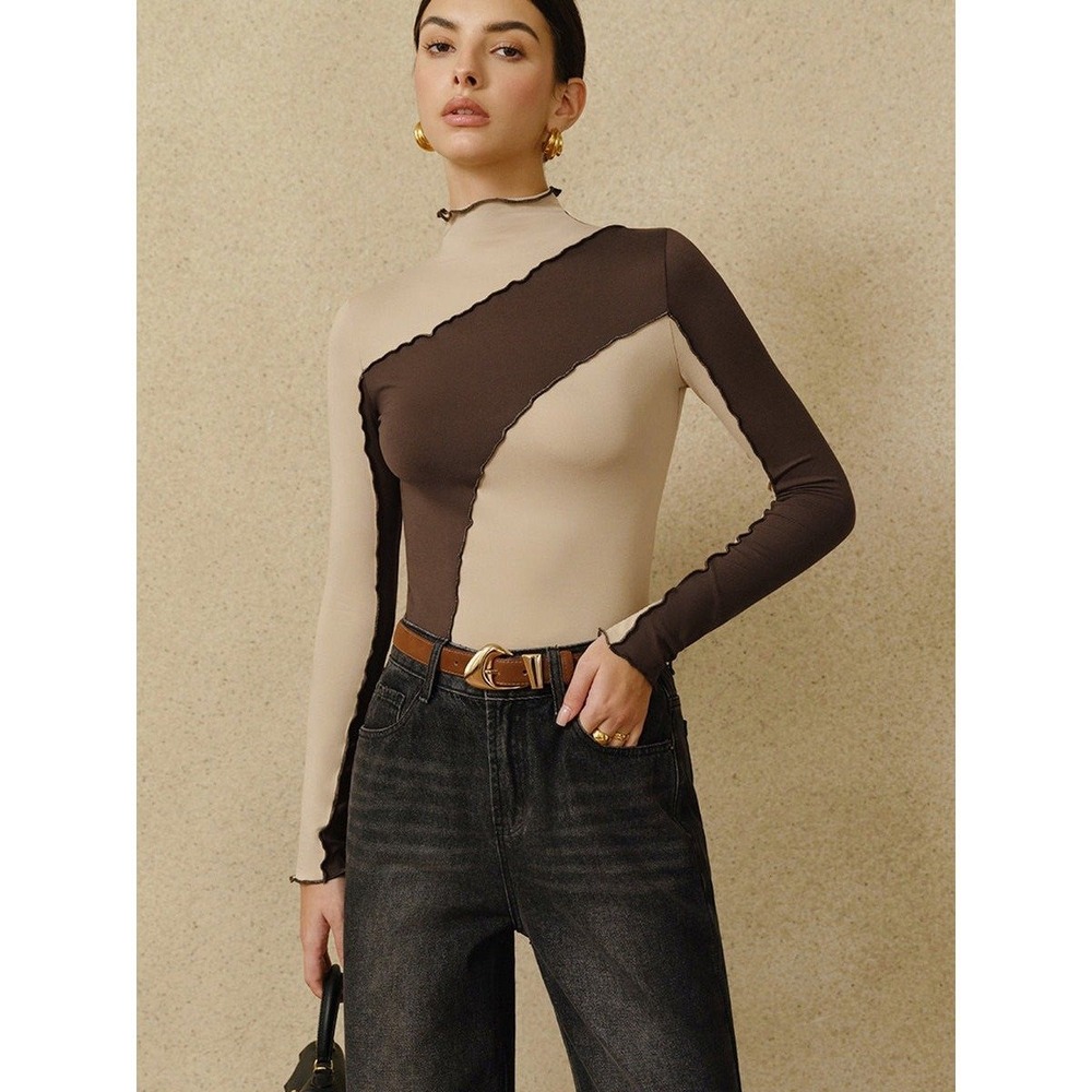 Commense‎ Semi-Sheer Color Block Lettuce Trim Jersey Top
size M